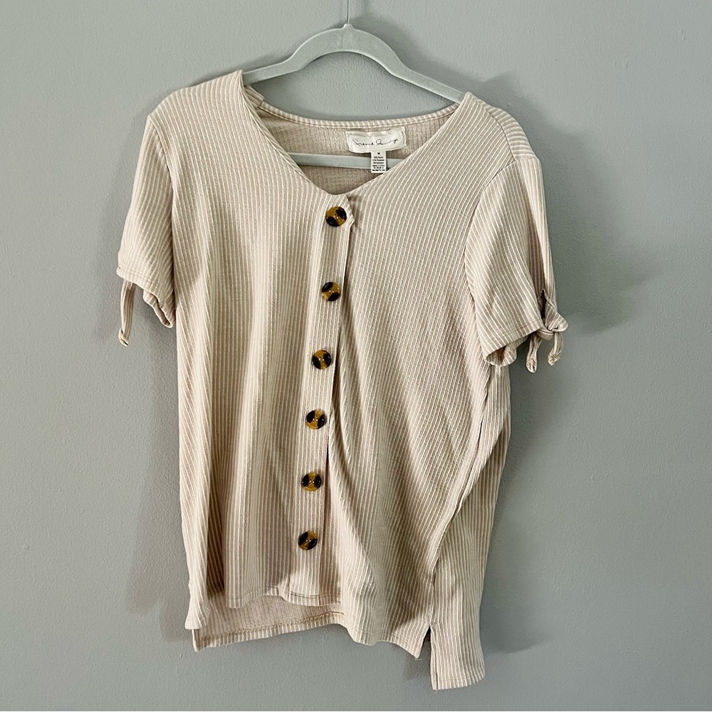 Women’s Tan and White Striped French Laundry Blouse with Knotted sleeves